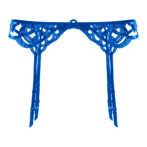 Detailed blue lace garter belt with adjustable satin straps and intricate embroidery