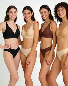 Details of seamless high-elastic V-waist Brazilian thongs in four neutral skin tones