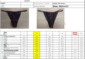 Tableau des tailles détaillé pour string en satin noir, tailles S, M, L et XL
