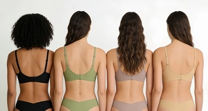 Back view of seamless wireless bra set in black green purple and beige colors