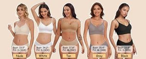 Detailed size guide for seamless low back bras in beige white brown grey and black