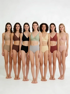 Macro shot of high-waist seamless panties in seven neutral colors with silky fabric texture
