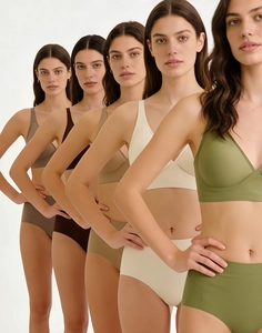 Seamless V-neck underwear set in five earth tones showing elastic high-waist panties and bras