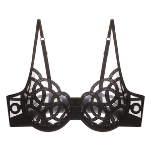 Close-up of black sheer mesh bra featuring intricate circular embroidery and lace details