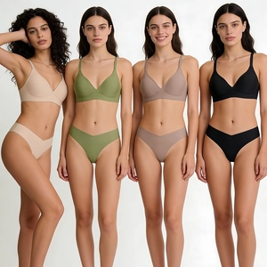 Seamless wireless bra and brief set in four neutral colors with thin straps and V-waist cut