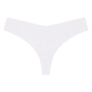 Detailed close-up of white seamless V-shaped low waist thong showing smooth fabric texture
