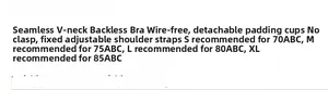 Size chart for seamless V-neck bralette with wireless design and adjustable straps