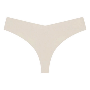 Detailed close-up of seamless beige Brazilian thong with smooth edges and V-cut design