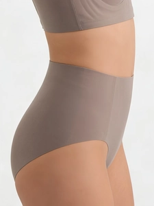 Close-up of high-waist seamless panties in dark khaki with smooth fabric texture