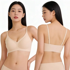 Seamless V-neck beige bralette and panty set showing front and back view on model