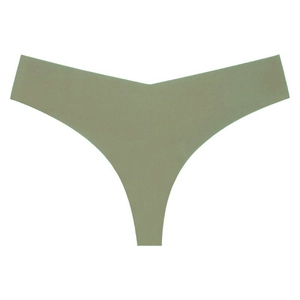 Detail view of seamless olive green V-shape thong with high elasticity and smooth fabric