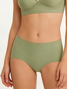 Detail view of olive green high-waisted seamless panties with smooth matte fabric finish