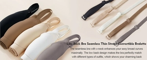 Detail of seamless low back bras in neutral colors with matching detachable straps