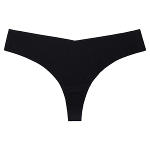 Detailed macro view of seamless black V-shaped thong with high elasticity smooth fabric