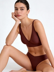 Detail view of seamless deep brown lingerie set featuring high-elastic soft V-bra and thong