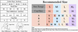 Size guide for seamless wireless bra showing bust measurements and S-XL recommended fits