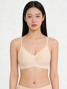 Detail of seamless wireless V-neck bralette in skin tone showing smooth fabric and fit