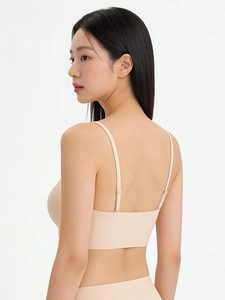 Rear view of nude seamless bralette with adjustable straps and smooth back design