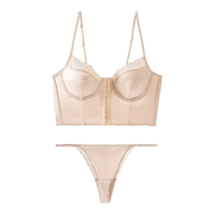Bohemian satin corset lingerie set with delicate lace trim and front hook closure