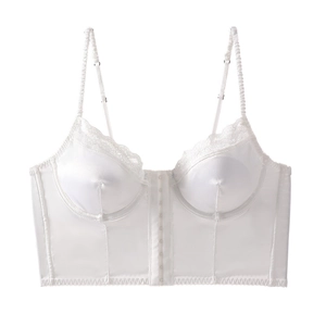 Detail of white satin bustier bra with floral lace trim and front hook closure