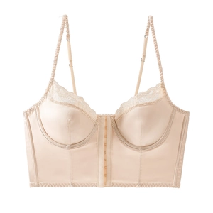 Elegant apricot satin bustier with front hook closure and delicate lace trim accents