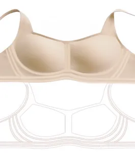 Detail of seamless wireless beige bra showing soft support structure and wide straps