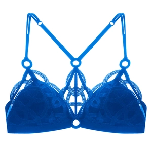 Macro detail of bright blue lace bra featuring intricate geometric patterns and thin straps