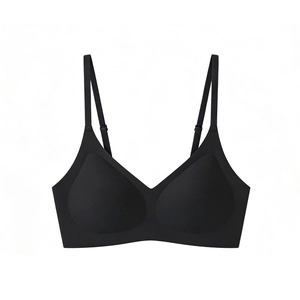 Detail of black seamless V-neck bralette with adjustable straps and wireless triangle cups