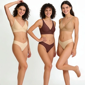 Seamless wire-free lingerie set with V-neck bra and thong in neutral earth tones