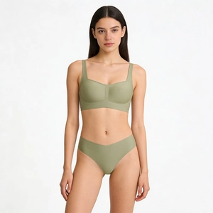 Seamless French style olive green wireless bra and high-cut panty set for women