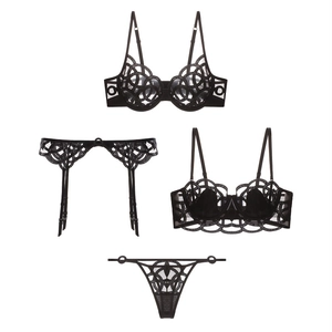 French Sexy Lace Lingerie Hollow Out Embroidery Underwire Bra Panties Garter Belt Breathable Thin Underwear For Women