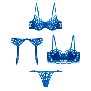 Electric blue four-piece sexy lingerie set with lace embroidery and garter belt