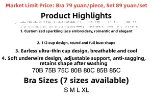 Detailed size chart and specifications for the French lace embroidery bra and panties set