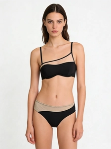 Detail of French tube top lingerie set with mesh patchwork and elegant lace trimming