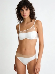 Detailed shot of white bandeau bra with mesh overlay and matching lace-up panties