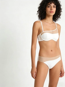 Detail view of white strapless bra with mesh splicing and matching panty set