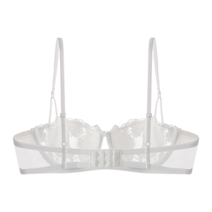Detail of white floral lace bra back showing adjustable straps and mesh side wings