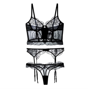 French Floral Lace Sexy Lingerie Sheer Mesh Corset Top With Adjustable Garter Belt Thong Underwear Women Exotic Nightwear