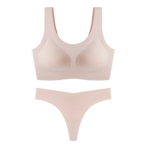 Ensemble soutien-gorge sans coutures et string assorti en nylon extensible chair