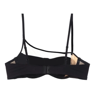 Detail of sheer mesh side panels and two-row hook-and-eye closure on black tube bra