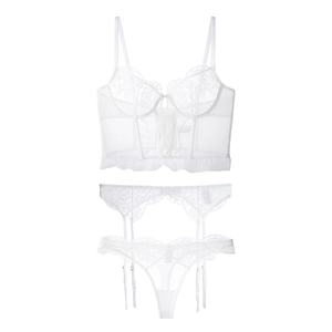 Three-piece French lace lingerie set with corset, garter belt and thong in pure white