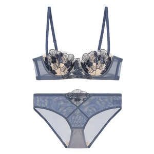 Elegant blue floral embroidery lace lingerie set with mesh bra and matching panty