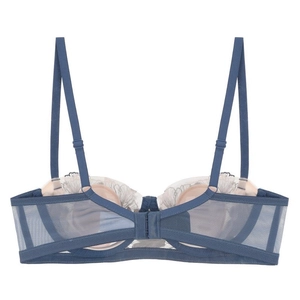 Detailed back view of dark blue lace bra featuring mesh wings and adjustable straps