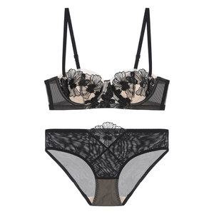 French black floral lace lingerie set with embroidered 1/2 cup bra and matching panties