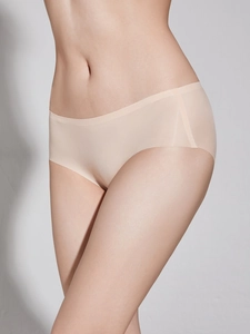 Detail of seamless low-waist cooling ice silk underwear for women in beige skin tone