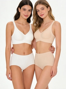 Ensemble soutien-gorge sans coutures col V et culotte haute en blanc et couleur chair