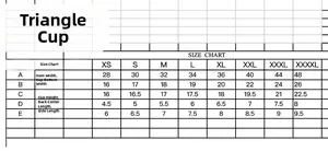 Detailed size chart for triangle cup bra with hem, cup width and height measurements