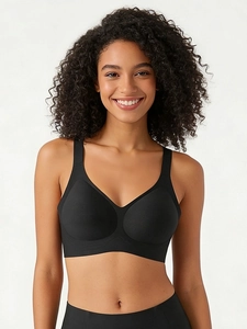 Detail of black seamless plus size bra with wide straps and jelly support strips