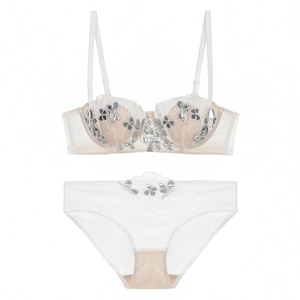 Detail view of French floral embroidery and sequins on white lace bra and panty set