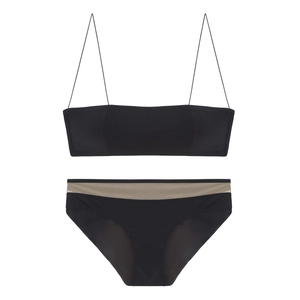Minimalist black two-piece lingerie set with ultra-thin straps and sheer mesh paneling